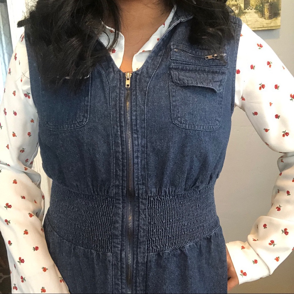 Dark blue denim zip up dress, cinches in the waist